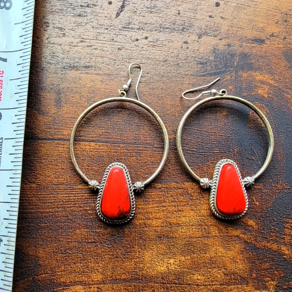 Red Hoop With Concho Earrings